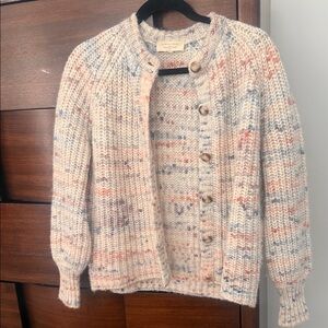 Sezane Cream Speckled Button-Front Knit Cardigan with Pink & Blue Accents